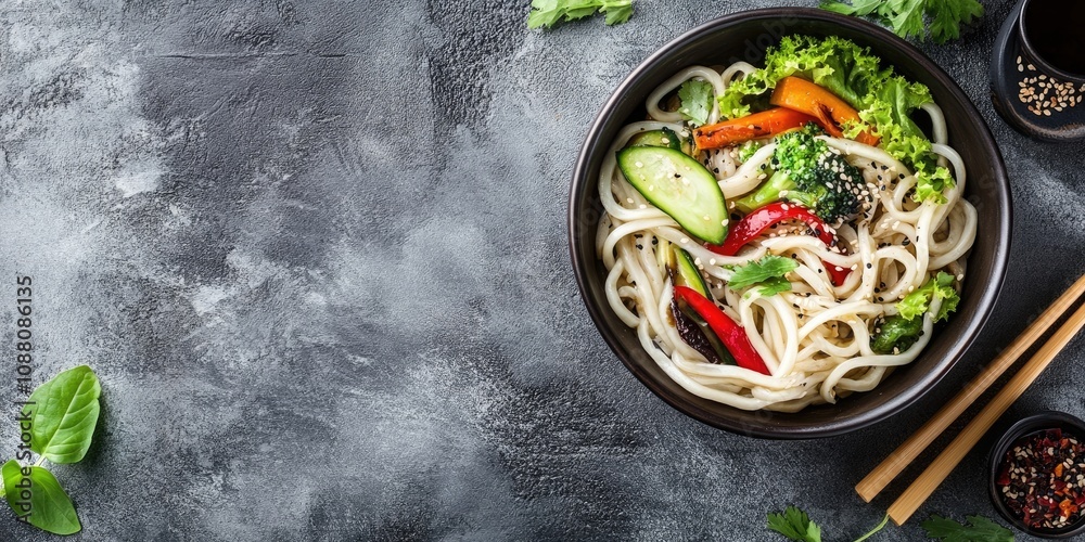 Poster lunch featuring udon noodles prepared with vegetables. top view. arrangement with copy space on a co