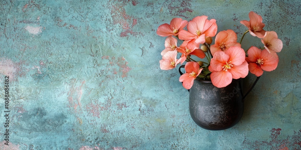 Poster begonia flowers rest in a cup on a textured background. flat lay.