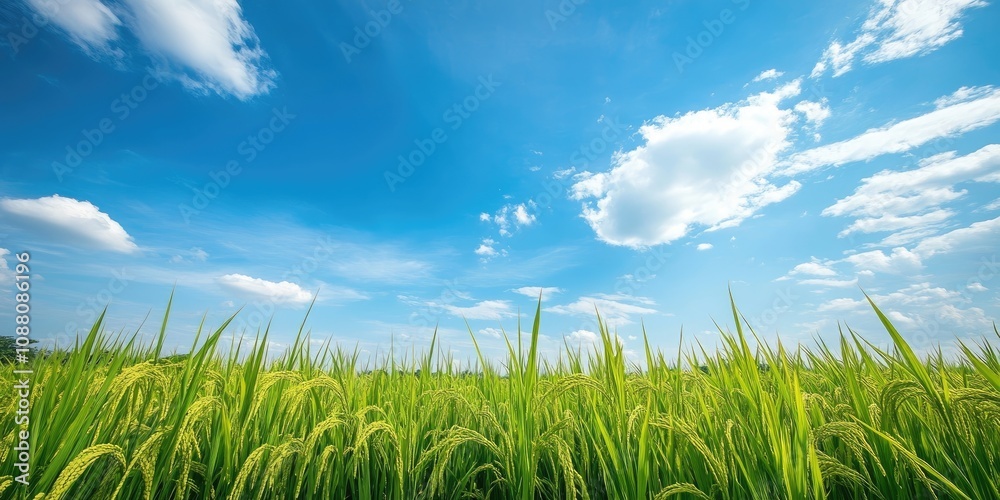 Poster a perspective of rice fields against a backdrop of blue sky.