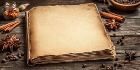 blank brown-covered book with spices on a wooden surface