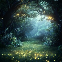 Fototapeta premium Enchanting Firefly Forest Path Magical Nature Scene Mystical Background