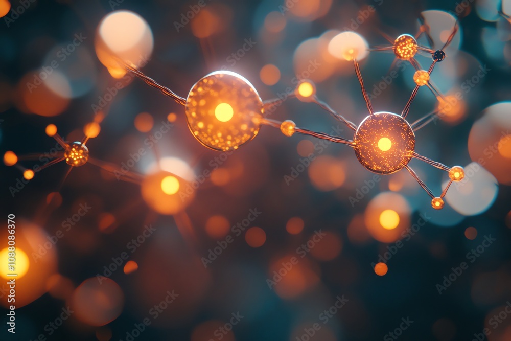 Poster Abstract glowing network of interconnected spheres, representing neural connections or molecular structures.