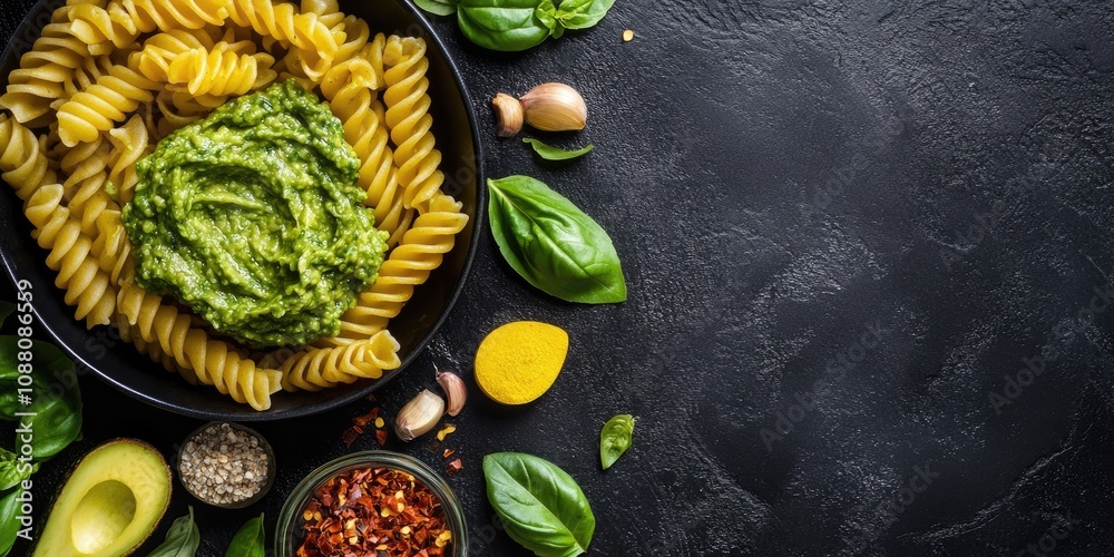 Poster pasta fusilli with green avocado basil sauce and ingredients on a black background. selective focus.