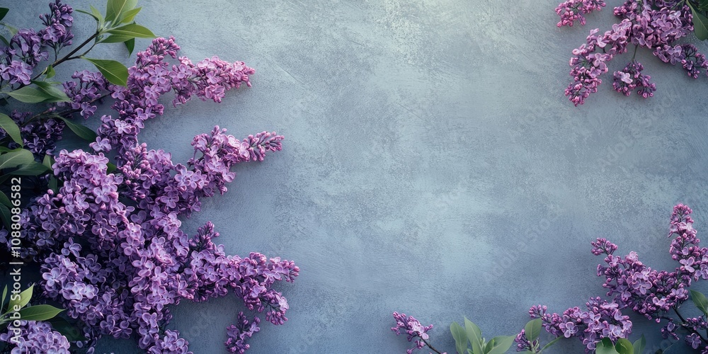 Poster spring floral frame idea featuring lilac flowers set against a grey background with copyspace.
