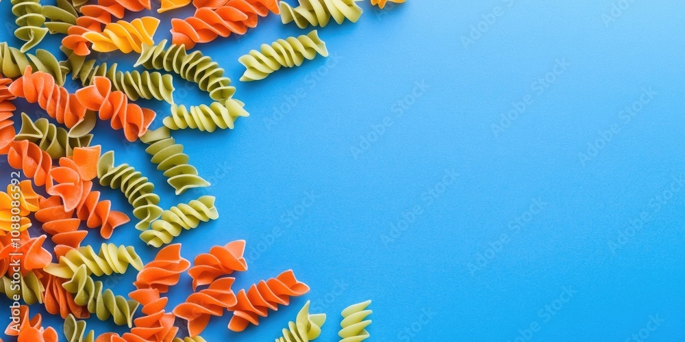 Poster Top view of a colorful raw pasta pattern on a blue background with copy space.