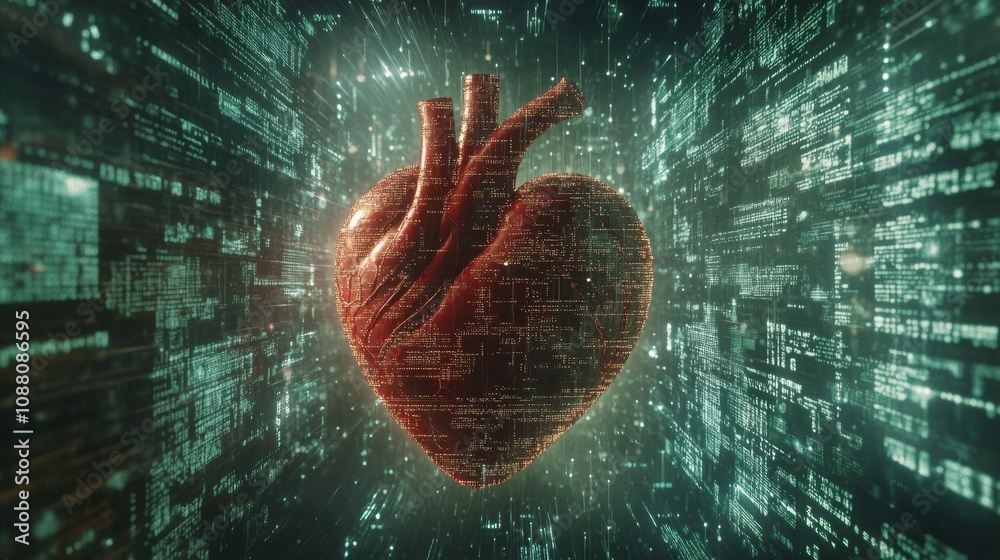 Poster a human heart is surrounded by flowing digital code, representing a blend of biology and technology 