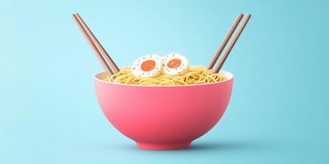 Japanese ramen noodle soup. Concept of traditional Japanese cuisine. A tasty and nutritious meal. Presented in a vibrant pink bowl against a pastel blue background.