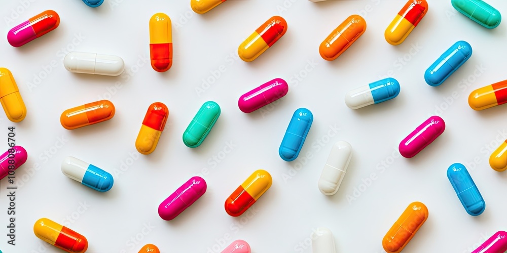 Aufkleber color capsules. medicine pills on a white background in a top view pattern with copy space.