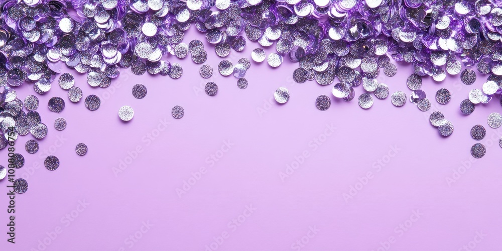 Aufkleber Lilac background featuring silver sequins and shimmering paillettes with copy space. Greeting card. Mockup.