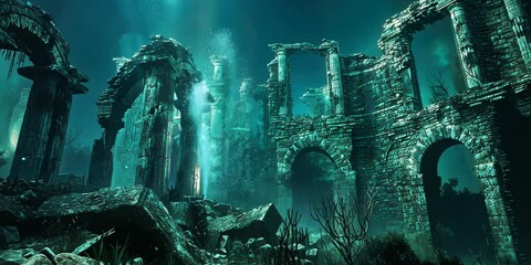 Mythic submerged ruins illuminated by bioluminescence, 4K Video