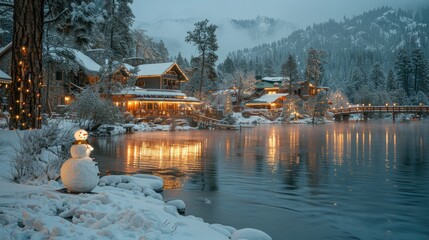 Snowy lakefront cabins at night, illuminated with warm lights, snowman in foreground.