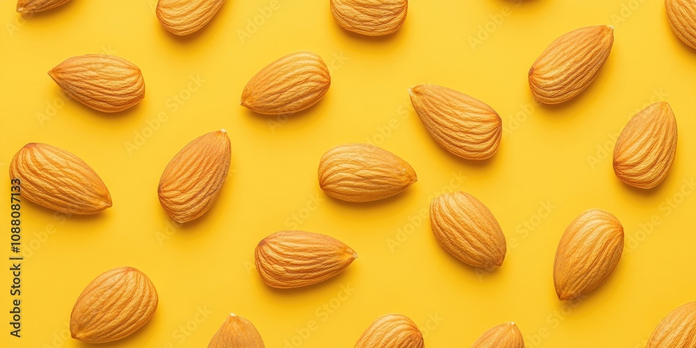 Aufkleber almonds arranged in a flat lay pattern with circular copy space for text. whole and peeled almond nu