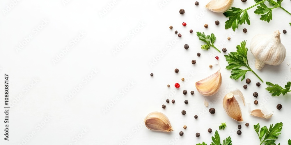 Poster Garlic accompanied by peppercorns and parsley, isolated on a white background with copy space for your text. Top view. Flat lay.