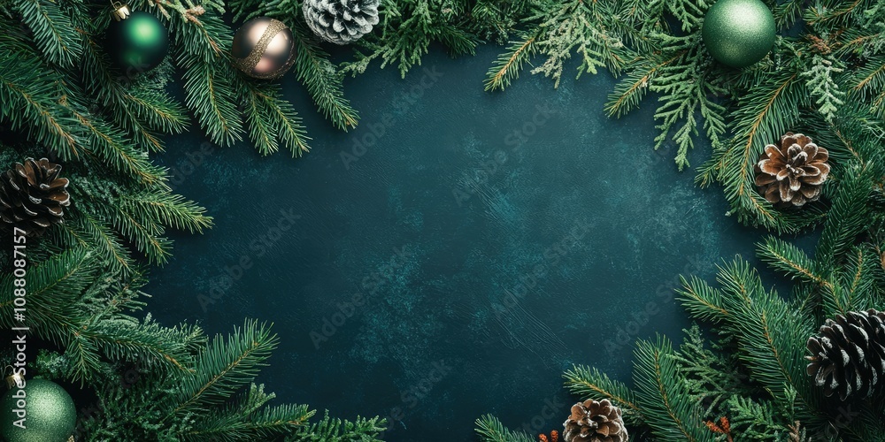Aufkleber christmas backdrop featuring a fir tree and ornaments. top view with copyspace.