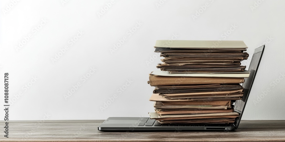 Aufkleber laptop with a pile of folders on a table against a white background