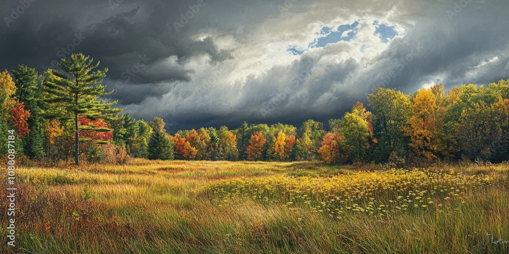 Aufkleber Grassy meadow featuring a patch of goldenrod and trees displaying autumn leaves in the background. Storm clouds overhead.