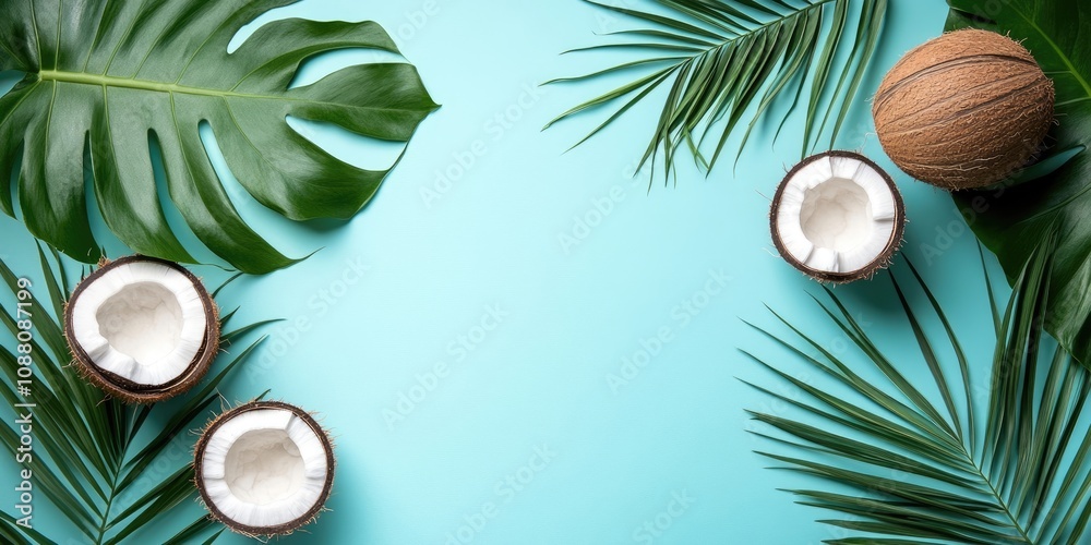 Poster palm leaves, monstera, and coconut arranged in a flat lay on a blue background with copy space.