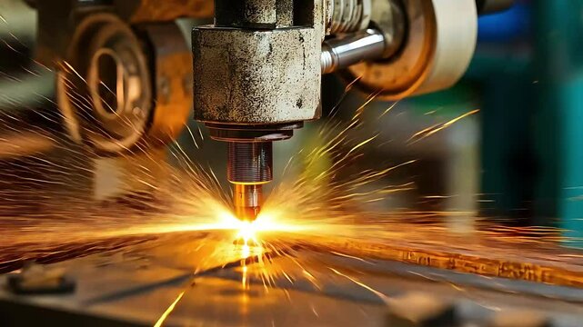 A close-up of a precision cutting tool in action, showcasing a flame as it melts metal on a workpiece, illustrating industrial manufacturing processes.