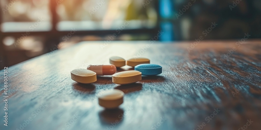 Poster Selective focus on assorted pills on a wooden table with copy space.