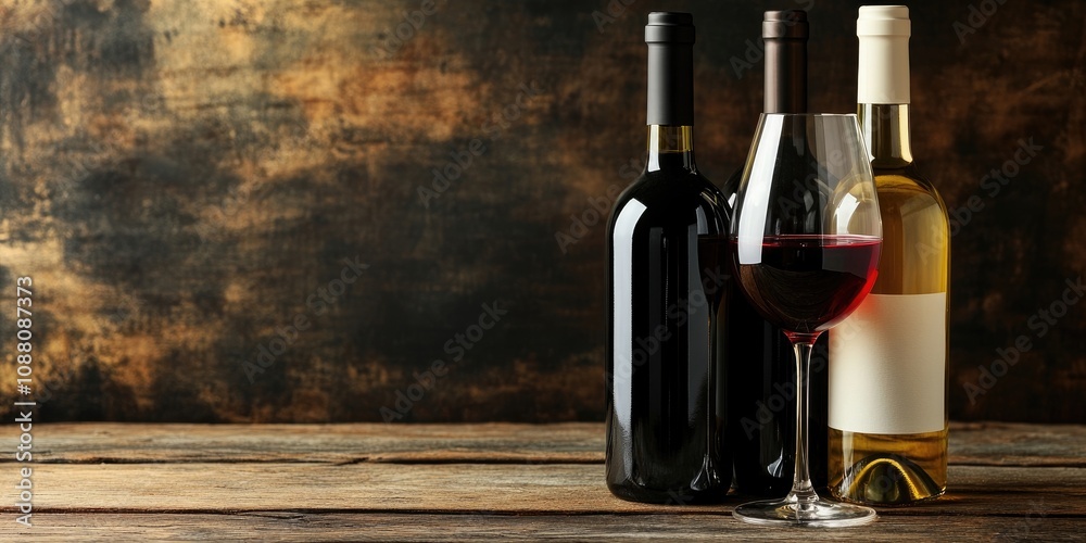 Aufkleber Unopened bottles of red and white wine. Wine bottles and an empty wine glass on a rustic wooden table. Copy space.