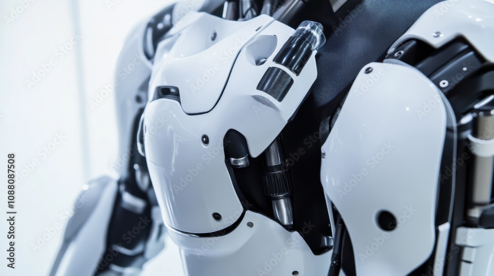 Poster a detailed close-up of a humanoid robot's exoskeleton support structure, demonstrating ergonomic des