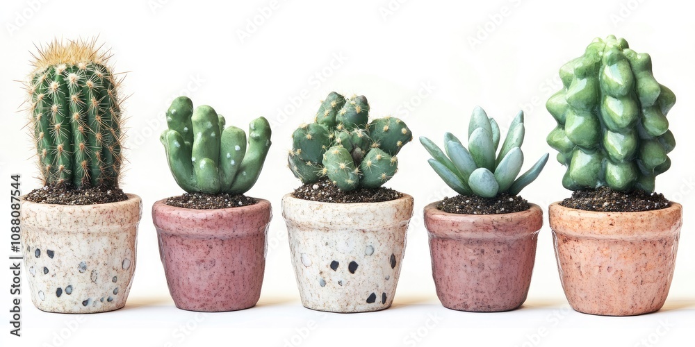 Poster artificial cactus in ceramic pots against a white background with a clipping path.