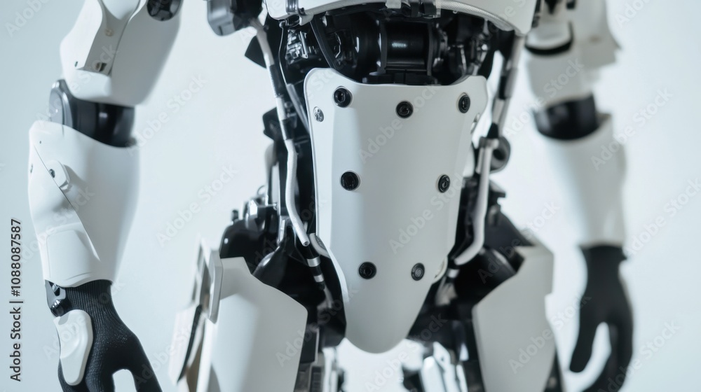 Poster A detailed close-up of a humanoid robot's exoskeleton support structure, demonstrating ergonomic design and physical assistance capabilities, Robotics technology style
