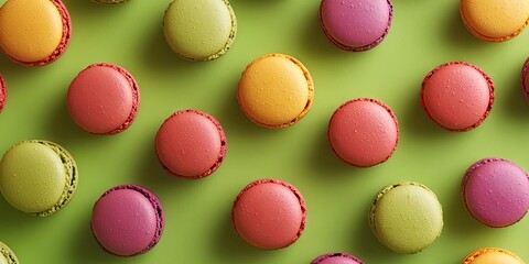 Fototapeta premium Aerial perspective of vibrant, colorful macaroons on a green backdrop.