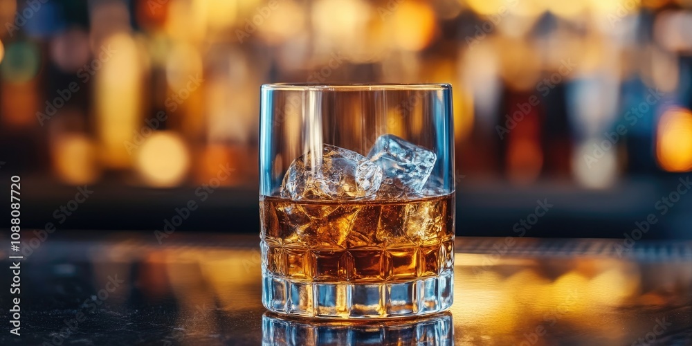 Poster a glass of whiskey with ice. background featuring copy space. a glass of liquor on the bar counterto