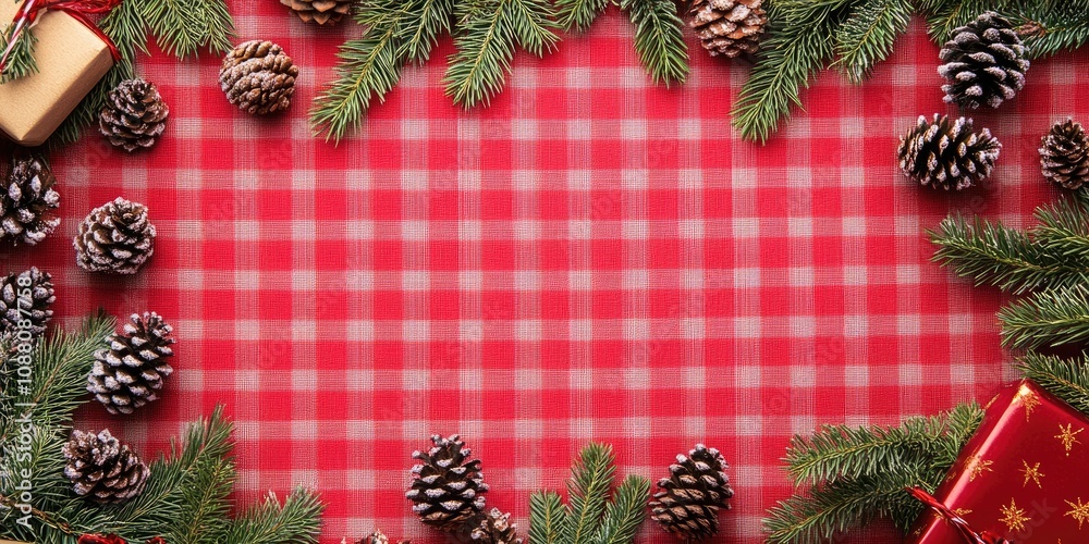 Aufkleber Christmas New Year frame in flat lay style featuring a top view of Christmas decorations such as cones and fir branches on a checked background, with space for your text.
