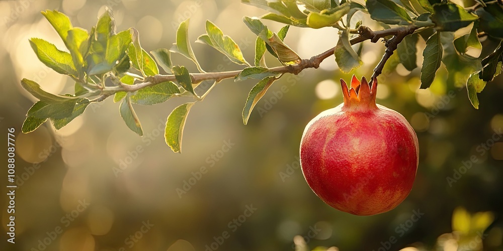 Poster a pomegranate fruit on a branch of a tree.