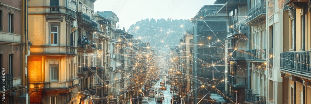 Aufkleber The urban landscape features buildings linked by a sophisticated AI network, highlighting smart city technology and connectivity. Generative AI