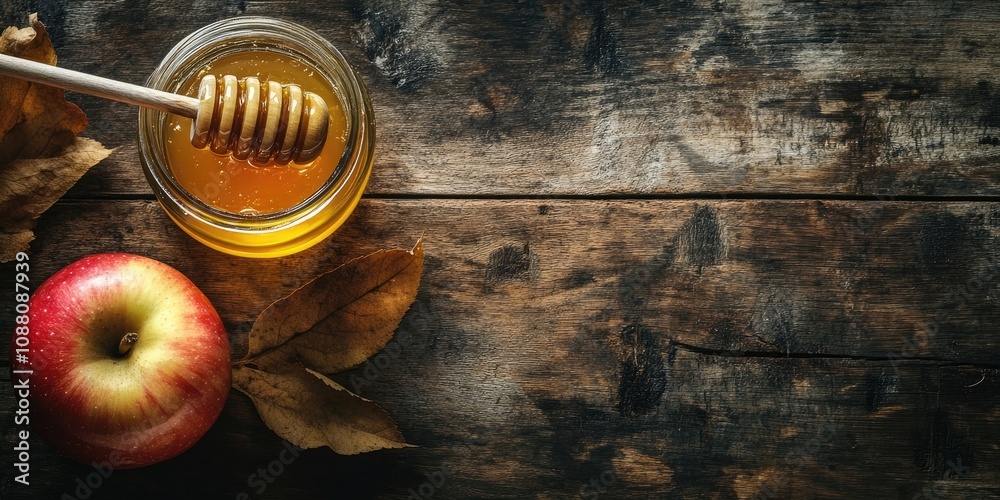 Poster high angle view of a honey dipper resting on a jar of honey and an apple on a wooden table, with cop