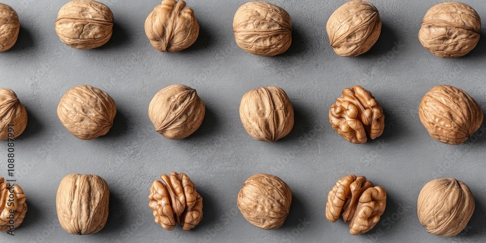 Poster Walnuts arranged on a grey background in a pattern, viewed from above with copy space. Large walnut.