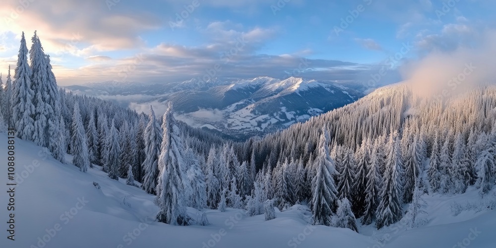 Aufkleber View from the summit of the mountains covered in snow. Winter scenery featuring a fir forest following a snowfall.