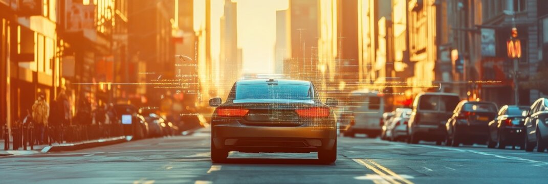 An autonomous vehicle travels through a bustling city, with onboard AI technology ensuring safe navigation amidst traffic. Generative AI