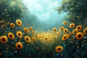 A field of sunflowers bathed in sunlight, with a forest in the background.