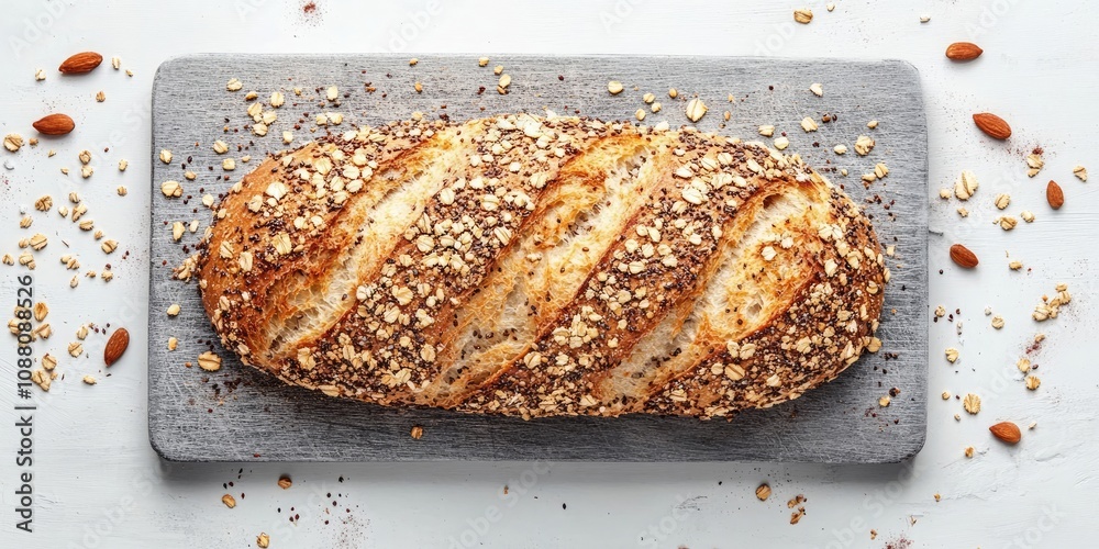 Poster bread topped with seeds and flakes on a gray cutting board against a white background from a top vie