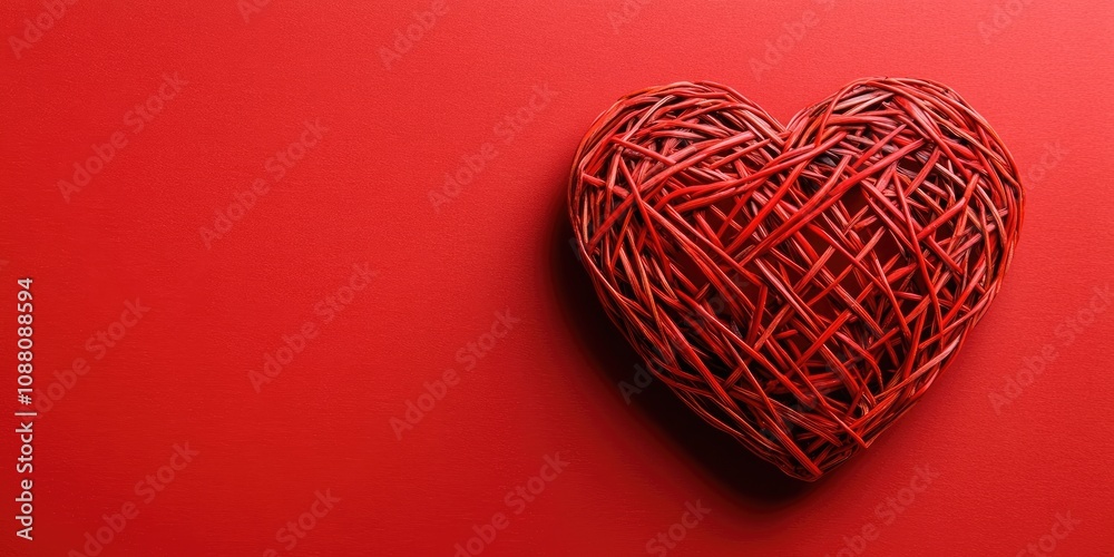 Poster red wicker heart rests on a red paper background. empty copy space for a message. happy valentine's 