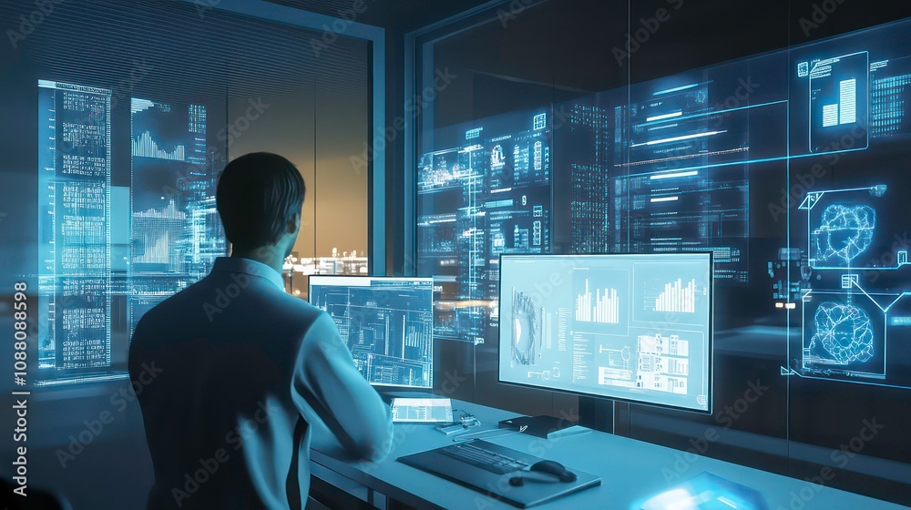 Poster a man in a white shirt sits at his desk in front of a large computer screen displaying data and grap