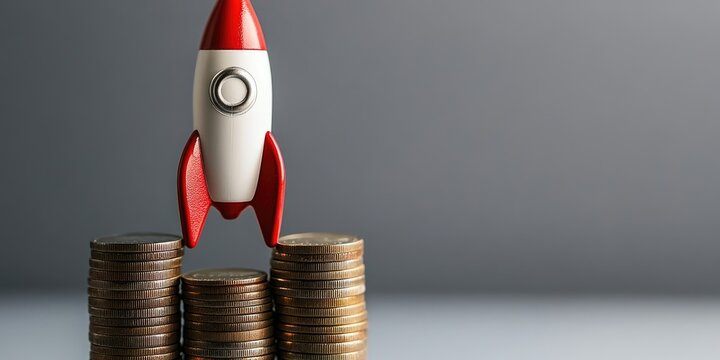 Toy rocket positioned on stacks of coins against a gray background up close.