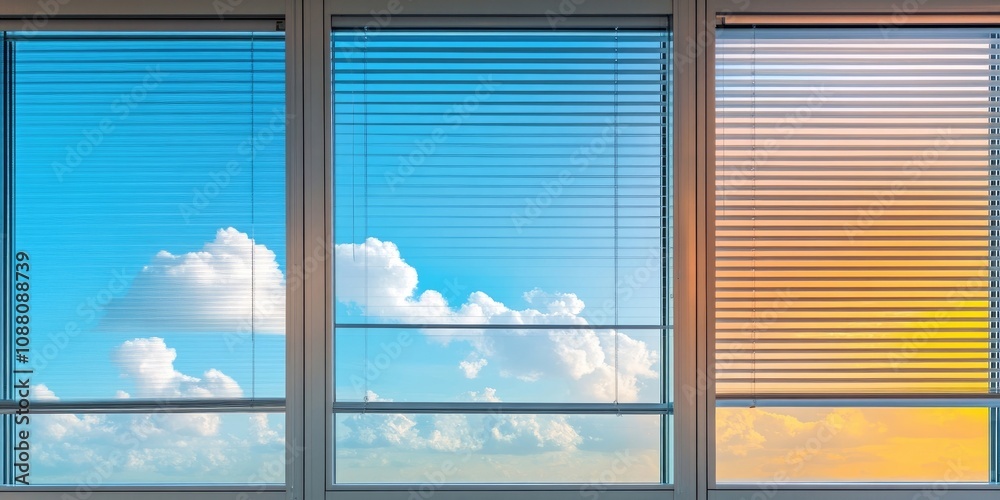 Aufkleber windows seen through other windows and blinds. modern office design blending with the sky. abstract 