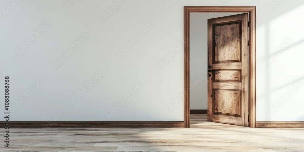 Poster close-up of an open wooden door in an empty room with copyspace.