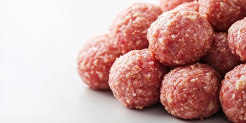 A close-up of a pile of raw pork cutlets, with space available for text. Raw meatballs for grilling or burgers on a white background, copy space. Ground pork.