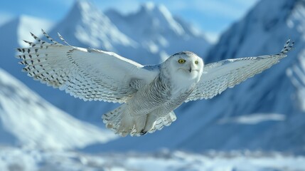 Snowy owl in flight over snowy mountains.