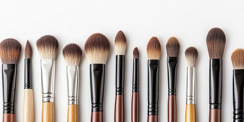 Fototapeta premium Close-up of a makeup brush set, including tools for various functions. Assortment of small cosmetic brushes, fashionable cosmetic accessories, isolated on a white background.