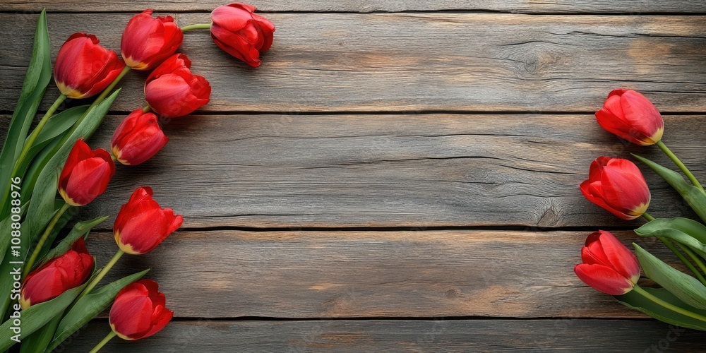 Poster background featuring red tulips on weathered wooden boards. space for text. top view.