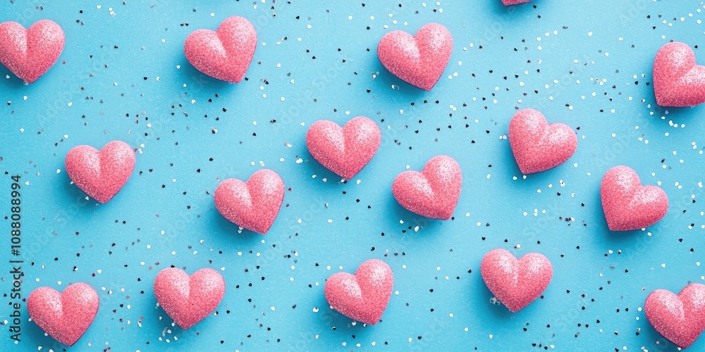 Poster valentine's day pattern background flat lay with pink hearts on a sparkling classic blue backdrop fe