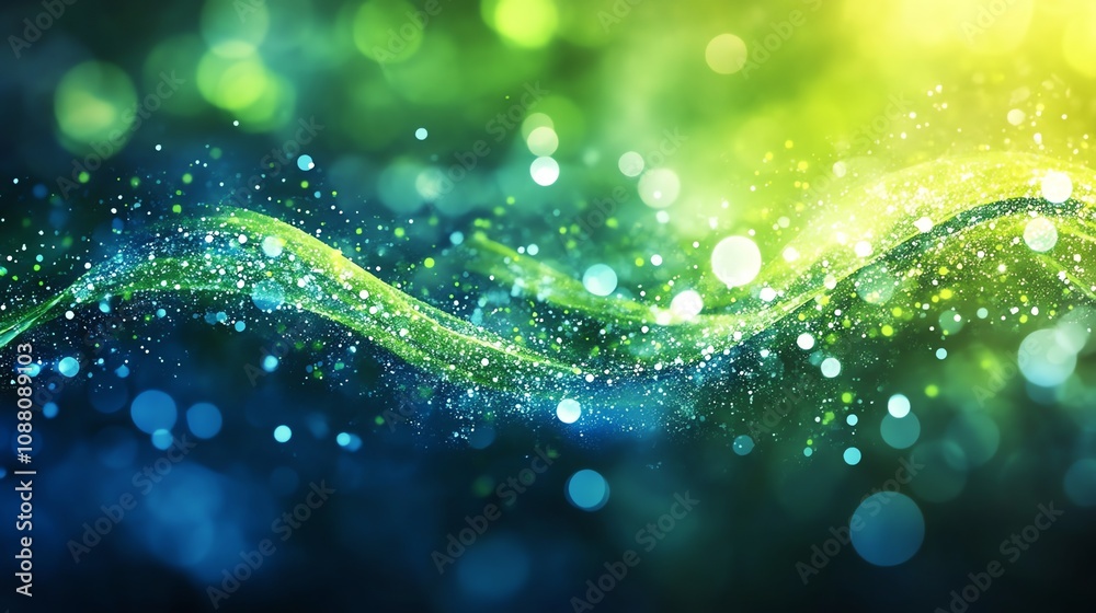 Poster abstract green and blue wave with bokeh lights.