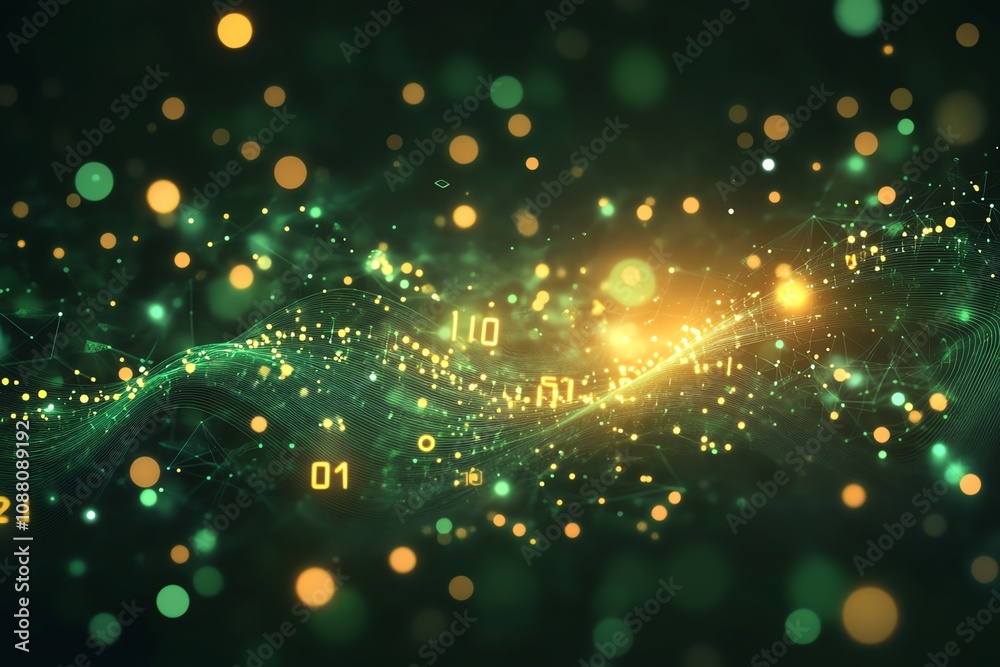 Poster Abstract green and gold digital data flow background with glowing particles and binary code.
